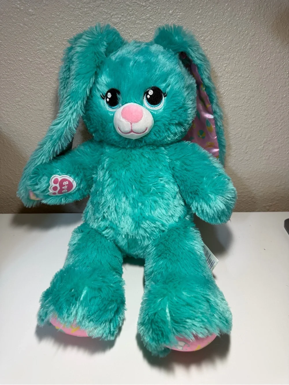 Build-A-Bear Teal Bunny Plush with Pink Nose and Paw Patch